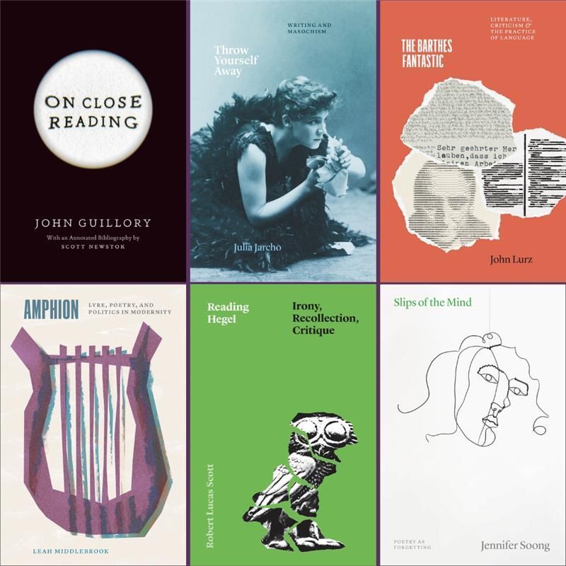 Six book covers rotating clockwise: On Close Reading, Throw Yourself Away, The Barthes Fantastic, Slips of the Mind, Reading Hegel, Amphion.