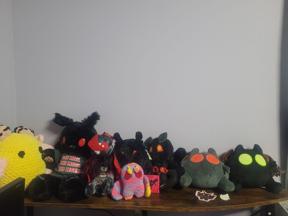 A collection of various mothman plushies and memorabilia.