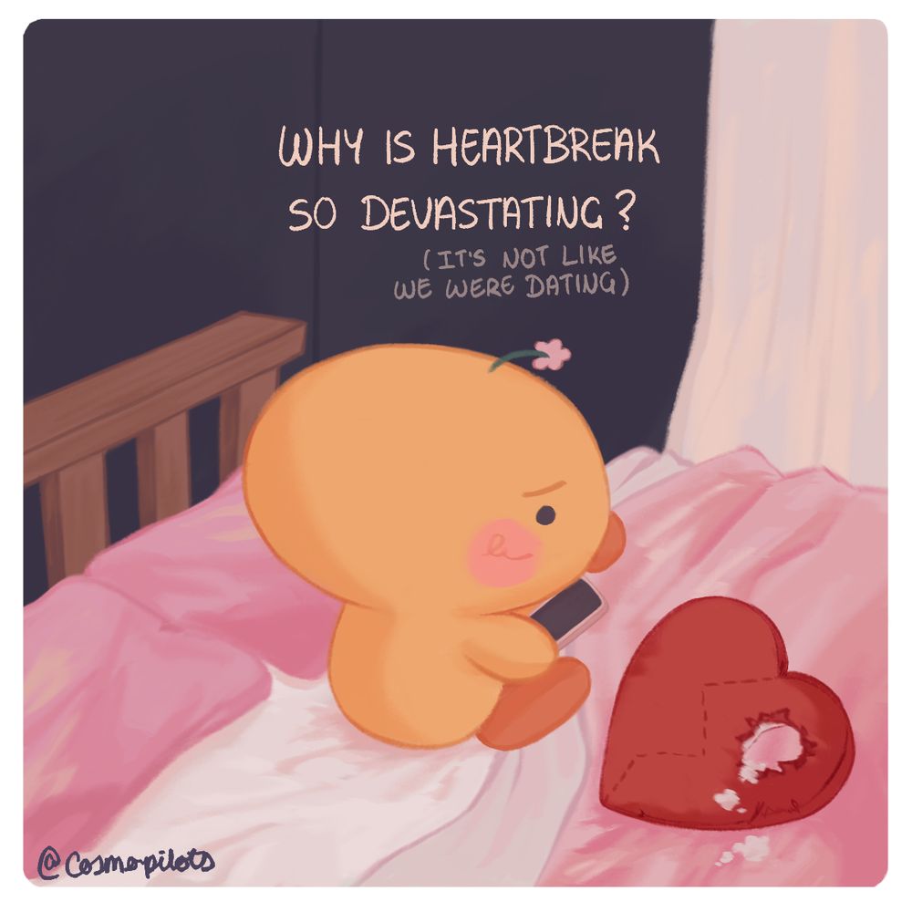 (PAGE 1 OF 6)
"Why is heartbreak so devastating? (it's not like we were dating)"

A little yellow ducky with a pink flower sprouting from her head sits on her bed. The walls are a dark purple.
The pillows and blanket pink. She stares at her phone, a heart shape cushion next to her but there is a big hole on the right side, the stuffing all over the bed.
A zig zag is stitched down the middle of it, symbolising heartbreak.
