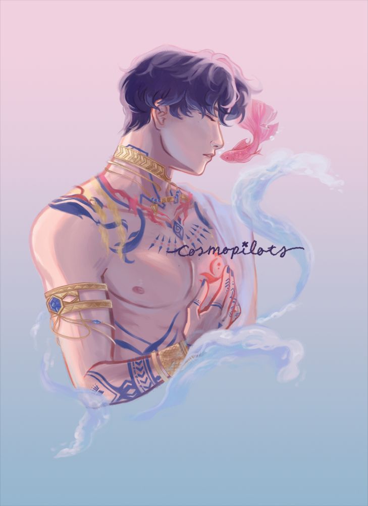 The character Rafayel from the game Love and Deepspace in his God of Tides form is shown with one hand hovering near his bond mark with the player character (on his chest). A pink fish swims near him close to his lips, this fish represents the player character. Gentle waves are drawn to frame the character from bust up.