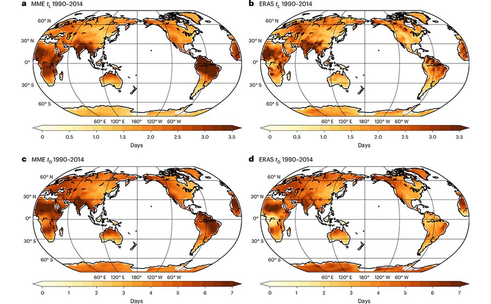 This is figure 2, which shows spatial patterns of heatwave duration scales in the current climate. 
