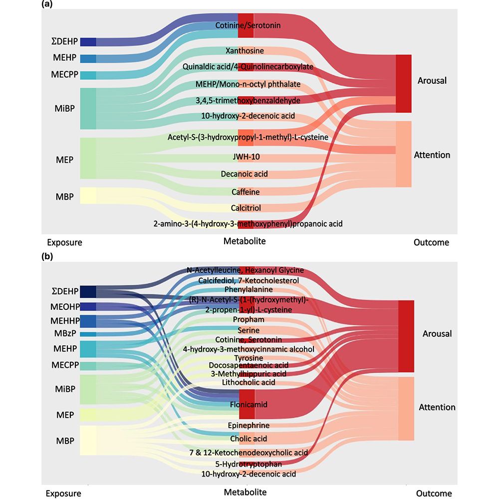 This is figure 3, which shows sankey plots illustrating associations between phthalate exposure, metabolite perturbations, and NICU Neonatal Neurobehavioral Scale (NNNS) outcomes at two visits. 
 
