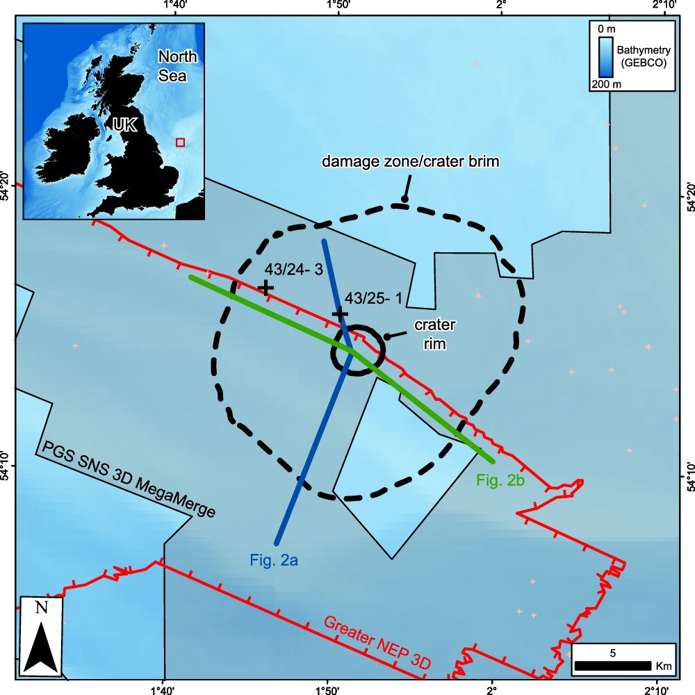 This is figure 1, which shows a location map showing the Silverpit Crater and its associated damage zone. 