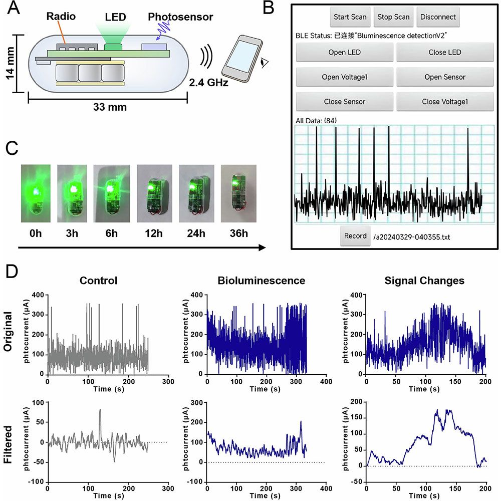 This is Extended Data Figure 2. It shows the basic properties of the optoelectronic capsule used in this study. 