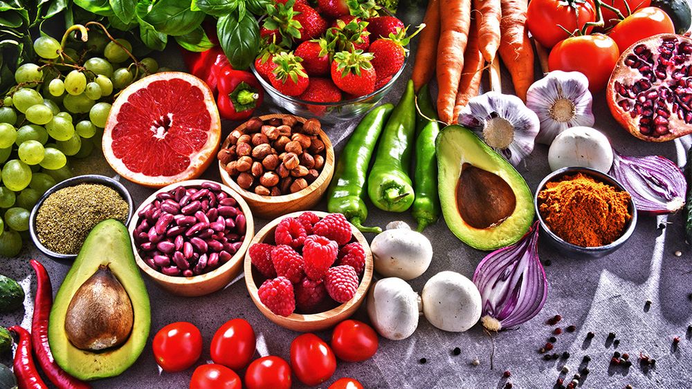 An array of fruits and vegetables. Stock image.