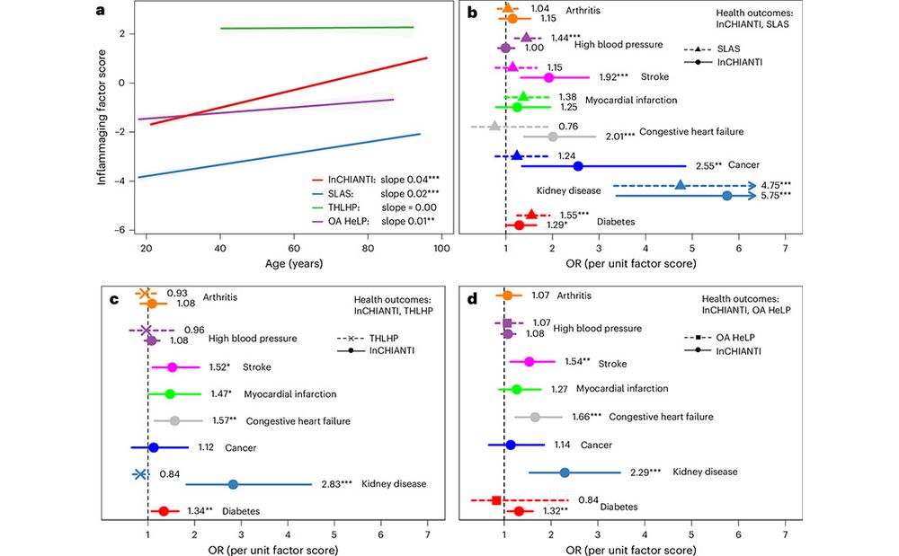 This is figure 4, which shows associations of the inflammaging factor with age and health outcomes. 