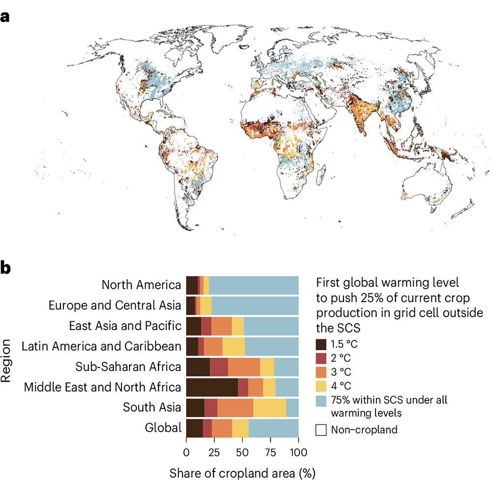 This is figure 1, which shows the lowest global warming level that would push current crop production into considerable risk. 