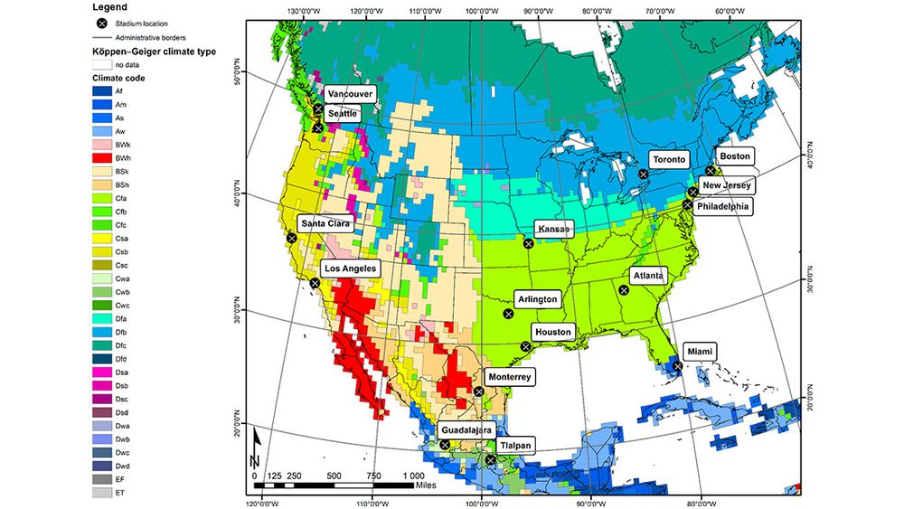 This is figure 1 showing the location of the 2026 FIFA World Cup stadiums within the Köppen-Geiger climate type classification.