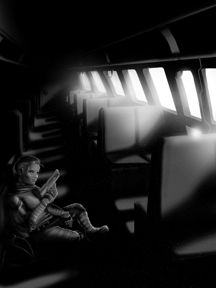 Black and white piece of an android on future mass transit, holding a pistol