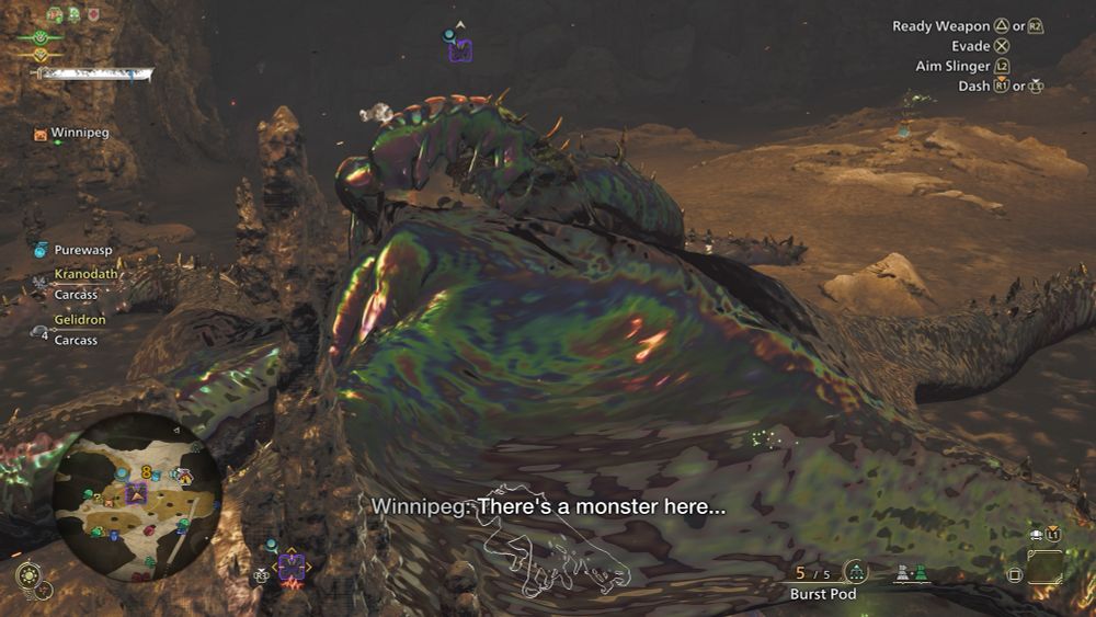 A screenshot from Monster Hunter Wilds in Oilwell Basin, where my hunter is asleep under a tempered 9* Nu Udra who is also asleep. My Palico Winnipeg is subtitled saying “there’s a monster here…”