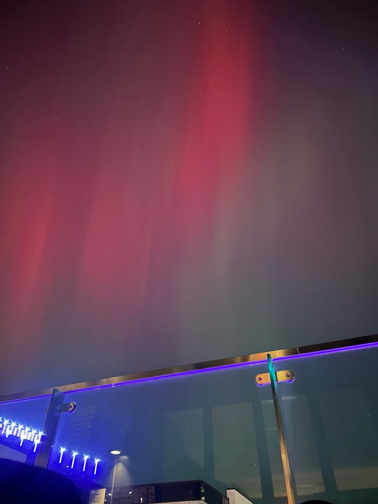 Mostly red, but also some green bands over downtown Minneapolis