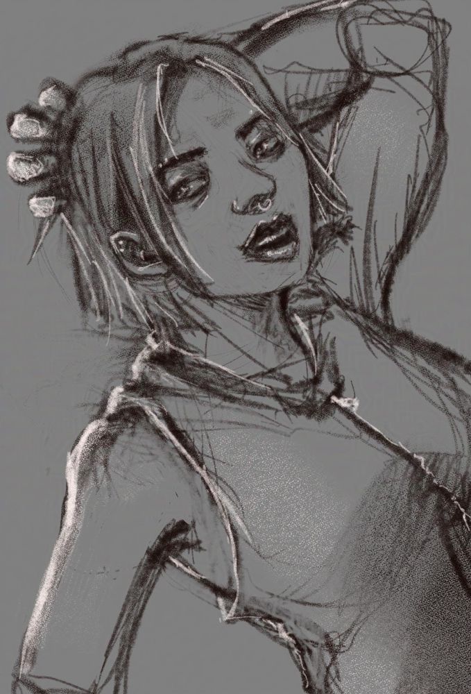 A sketch of a girl looking past you, with her hand on the back of her head