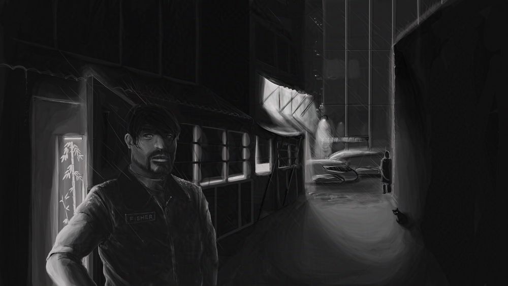 A way mote finished black and white sketch of Duncan Fisher in a Solaris VII back alley