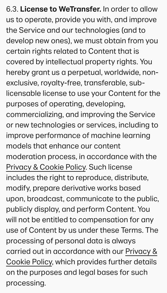 WeTransfer TOS says they can use all your uploaded content for genAI