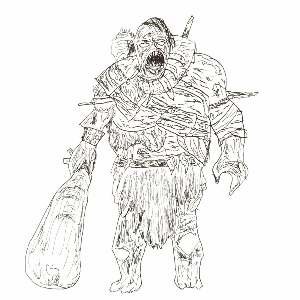 Black and white drawing of the large, club wielding enemies in blighttown from Dark Souls.