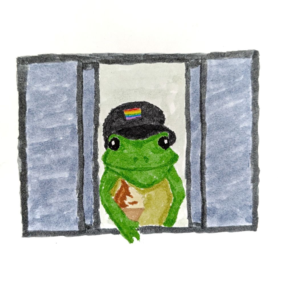 Coloured ink brush pen drawing of a frog wearing a pride basecap giving out ice cream from a drive-in window.
