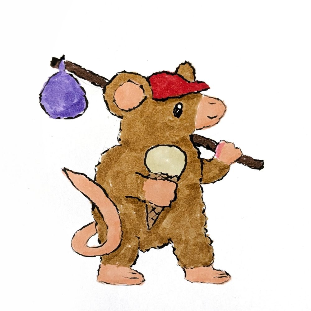 Coloured ink brush pen drawing of a mouse wearing a basecap and holding an ice cream cone in one hand and a travelling bag on a stick in the other.
