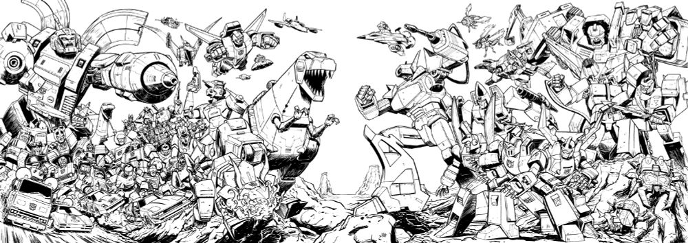 Wide shot of every Transformers character from 1985 facing off against each other, Autobots led by Grimlock on the left, Decepticons led by Shockwave on the right