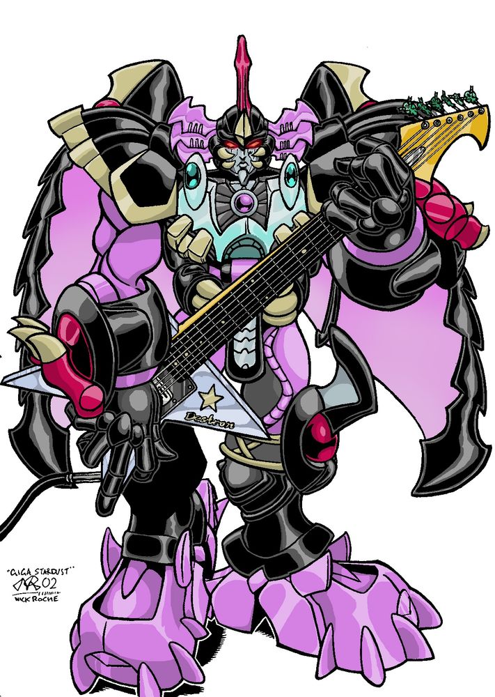 Garishly coloured glam-themed picture of Gigatron from the Transformers series 'Robots In Disguise' holding a star-shaped guitar.