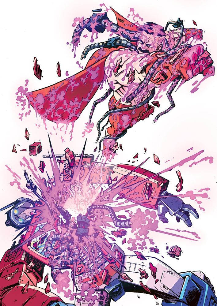 The supervillain Omni-Man smashes through the chest cavity of the Transformer Optimus Prime