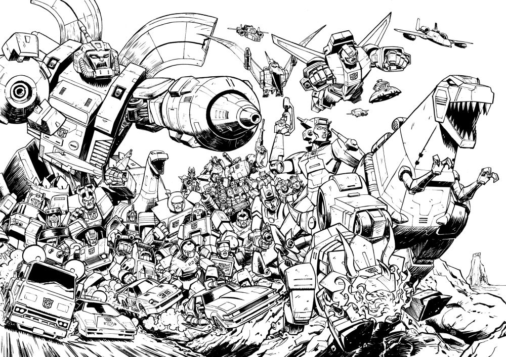 Group shot drawing of all the Autobot characters released in 1985, plus some ones off the telly, like Alpha Trion and Elita One.