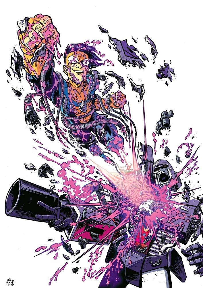 The superhero Invincible smashes through the chest cavity of the Transformer Megatron