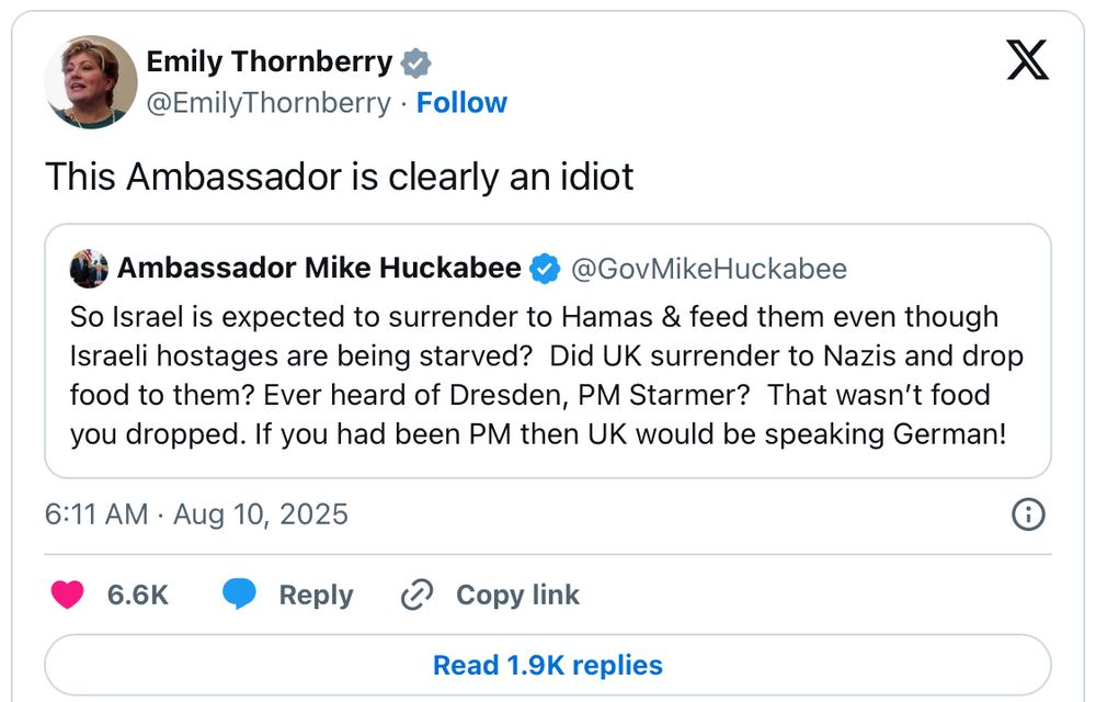 Screen shot of Emily Thornberry’s reply on X to the Israeli ambassador saying they are clearly an idiot. 