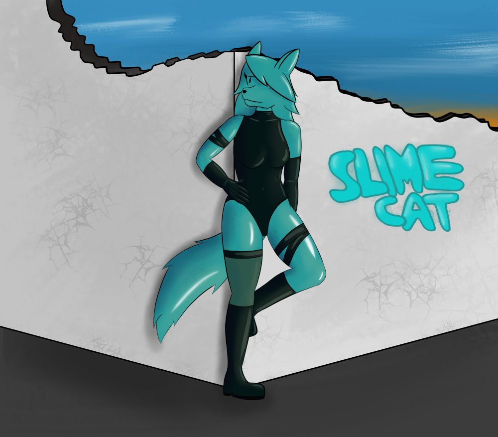An anthro character made of slime in a latex outfit standing next to a wall