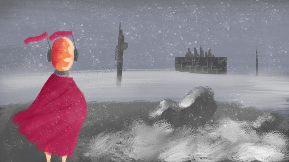 Orange and yellow figure in a red cloak standing on top of a mountain, looking into the distance at a massive structure and two antena towers