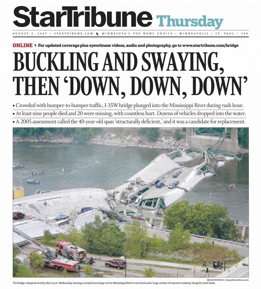 Detail from the front page of the Star Tribune newspaper on August 2, 2007, about the collapse of the I-35W bridge over the Mississippi River during the evening rush hour on August 1, 2007.