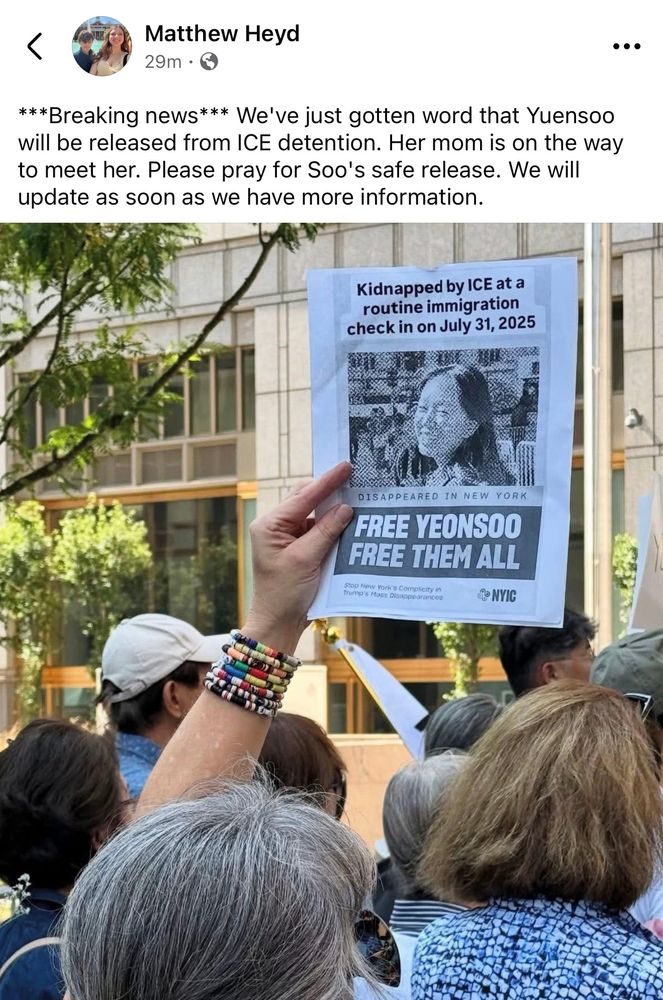 “***Breaking news*** We've just gotten word that Yuensoo will be released from ICE detention. Her mom is on the way to meet her. Please pray for Soo's safe release. We will update as soon as we have more information.”