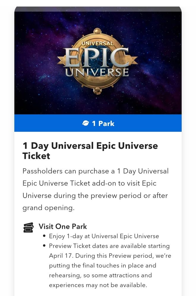 Screenshot of the Universal Orlando mobile app featuring the Epic Universe purchase tickets screen for Annual Passholders 