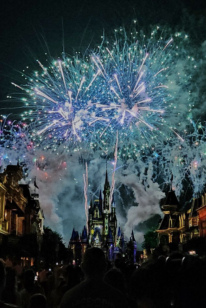 Wider shot of Happily Ever After fireworks at Magic Kingdom
