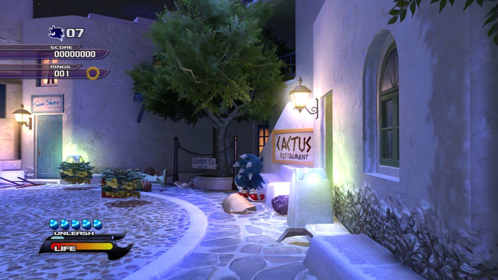 Sonic Unleashed screenshot of the Werehog standing in front of a building with a sign that says "Cactus Restaurant" 