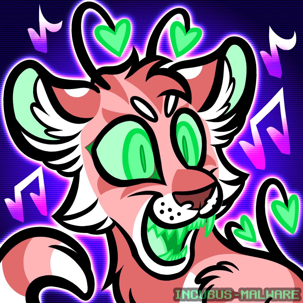 A digital drawing of a pink and white alien tiger with big green eyes, green teeth/mouth, green ears, and green heart-shaped antennae on her head and back. She’s grinning with an open mouth, and there are music notes in the background to complement her raver nature.