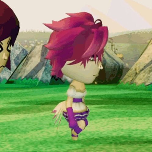 a video game character with purple hair and purple gloves is standing in the grass