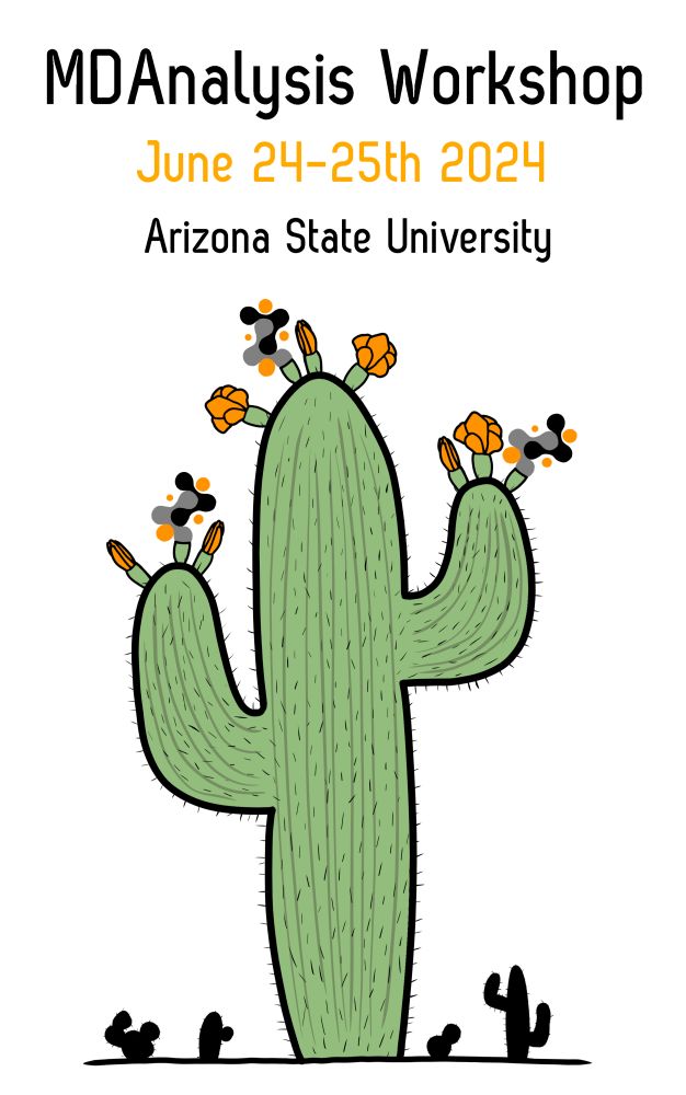 MDAnalysis Workshop June 24-25th 2024 at Arizona State University. A Saguaro cactus in the desert with flowers shaped like the MDAnalysis logo.