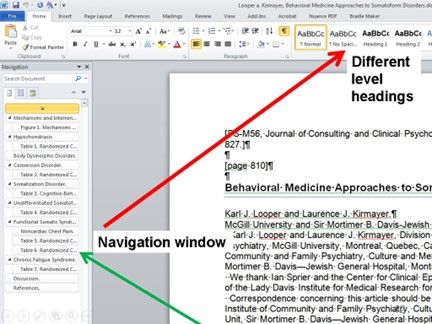 Sgrînlun o ddogfen Word. Mae saethau yn pwyntio tuag at adran “Styles” y ddogfen a'r  tab Llywio (Navigation).