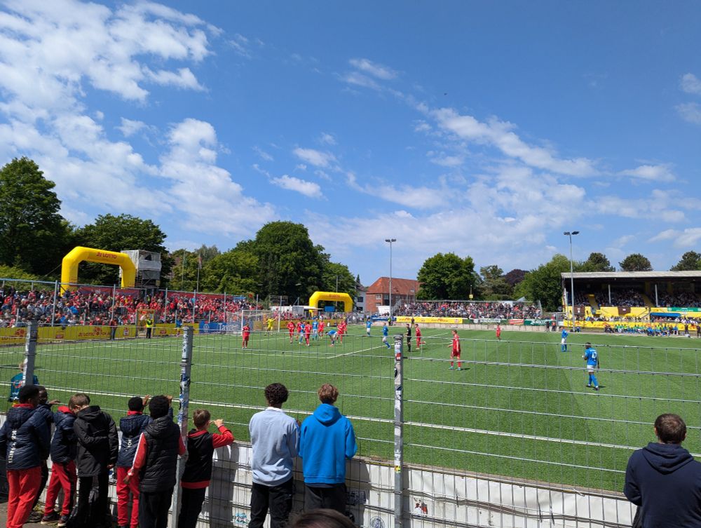 Blick über eine Hälfte eines Fußballfeldes. Links ein kleiner Teil der großen Sitztribüne. 