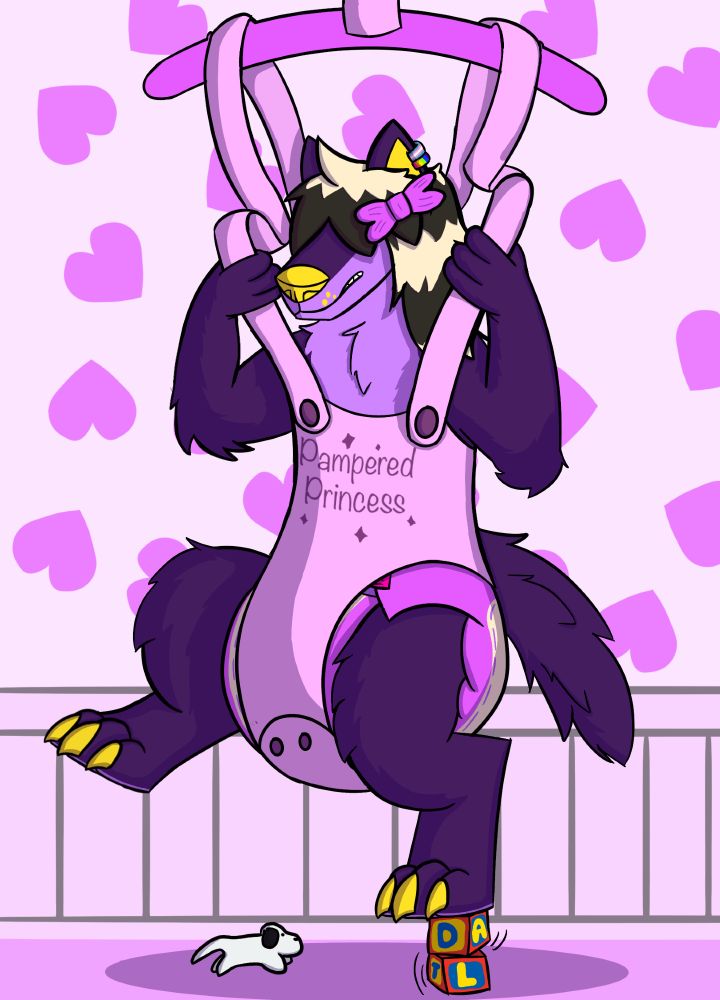 Pup, a purple sparkledog, is balancing on top of a stack of blocks with the letters "ADTL" well being strapped into an adult sized bouncer with the text "Pampered Princess" printed onto it. She's in a pink nursery with a stuffed dog resting under her. She is also wearing a diaper and bow.