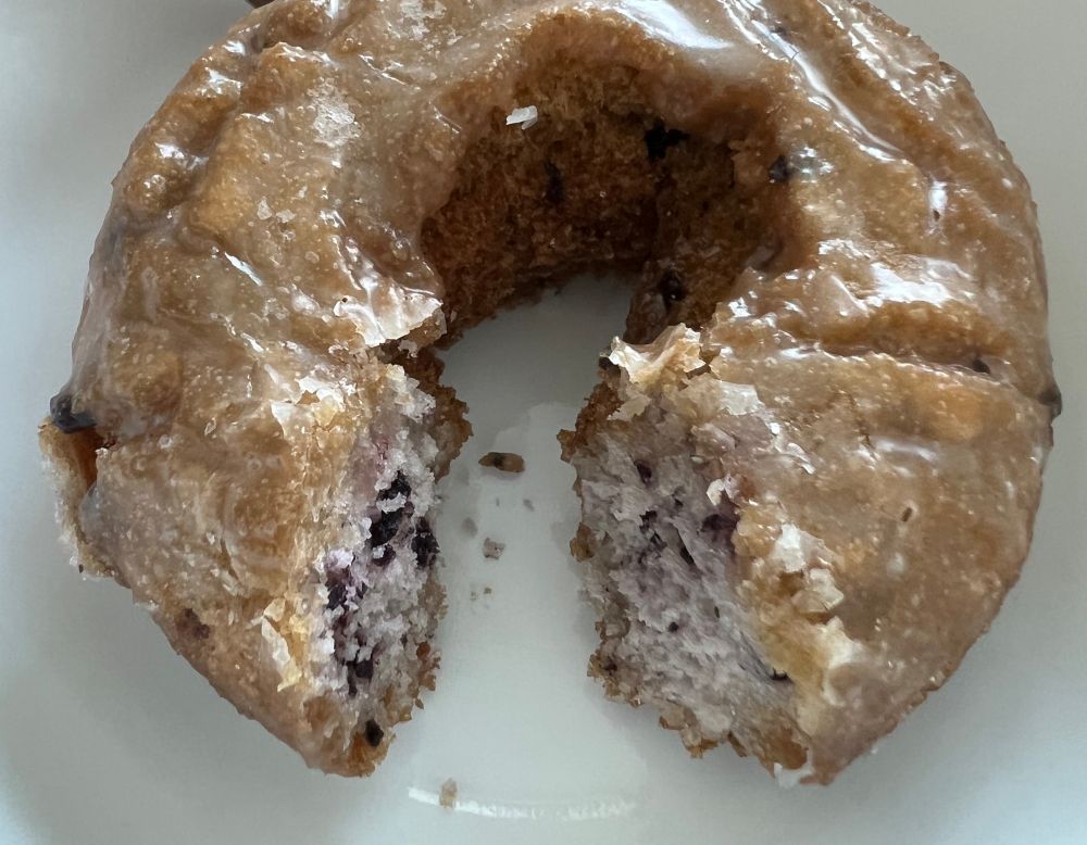 Section of blueberry cake donut cut to show inside