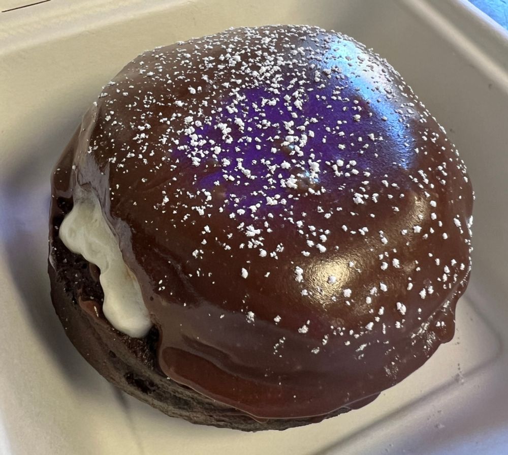 Close up of a chocolate donut filled with cream and topped with a chocolate glaze and powdered sugar 