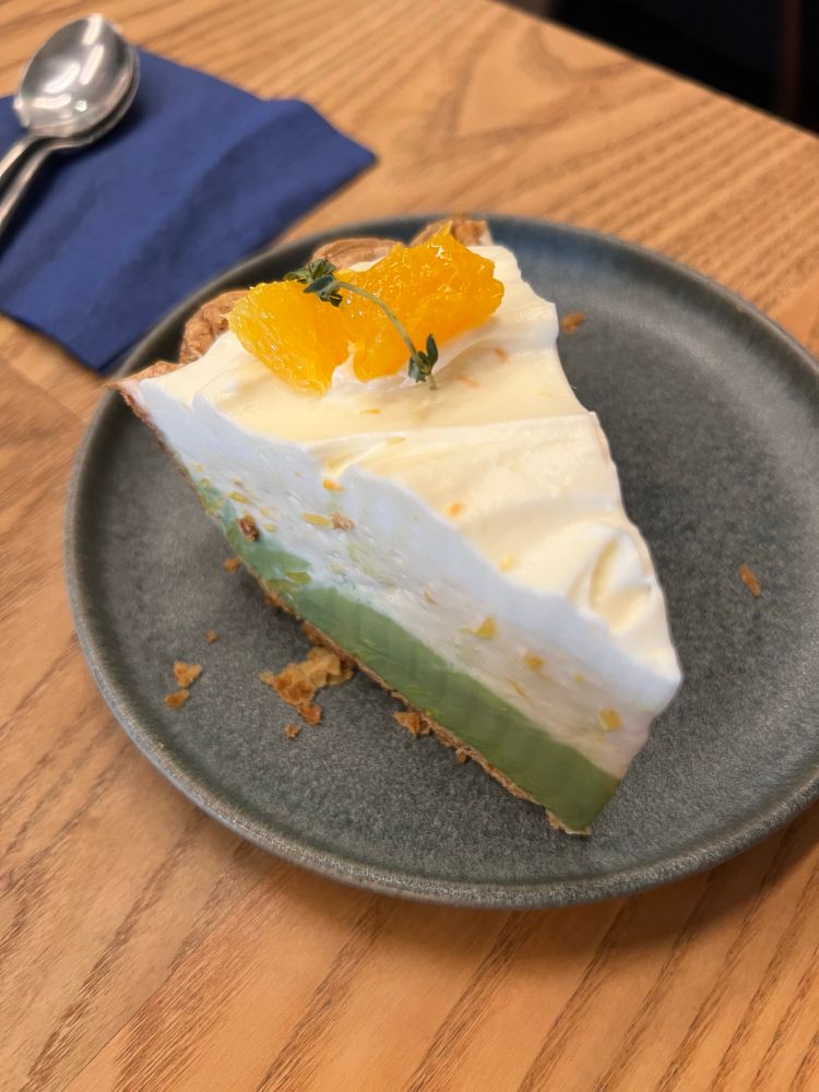 Slice of orange matcha cream pie