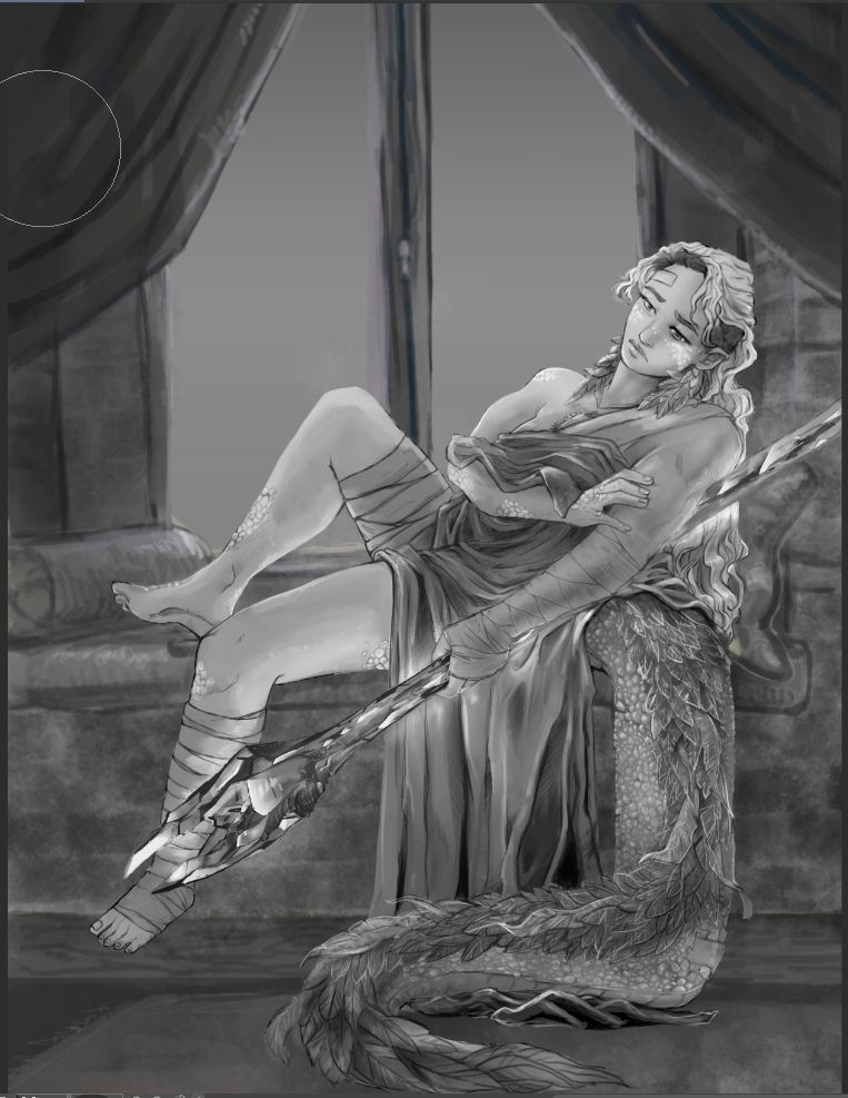 grayscale image of a woman laying back in a window seat, holding a crystal spear. She has a long dragonlike tail draped behind her on the floor, and is wearing only a sheet. Her expression is forlorn.