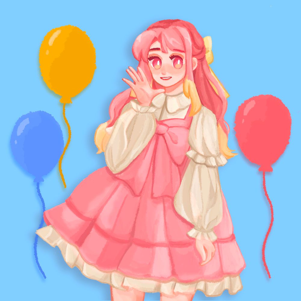 eri in a pink dress with assorted balloons