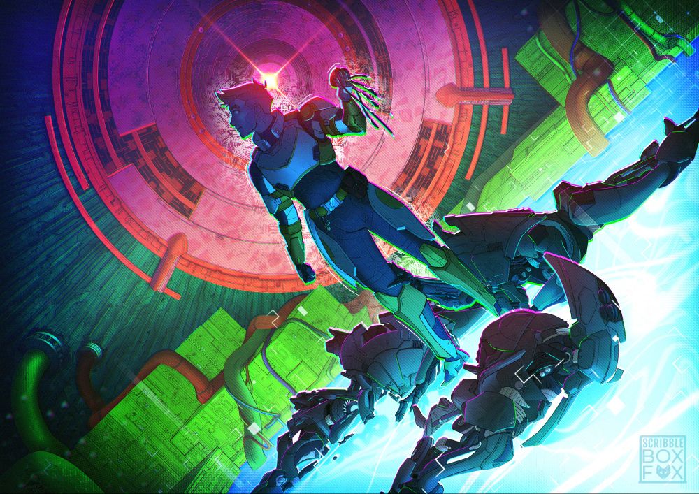 A very colorful drawing featuring my Destiny 2 Titan OC, Relay, standing in a pool of bluish radiolarian fluid with four dead Vex at his feet. He is mostly shrouded in a blueish shadow, and is holding the torn-out eye of a Vex in one hand. Behind him is a pink disc-shaped piece of vex architecture embedded in the way with a bright red light shining from the middle of it. It surrounded the upper part of Relay's body in a way not unlike a halo. In the background are various tubes and cables cascading over bright green geometric Vex architecture and into the pool of radiolaria. One of the Vex at Relay's feet is reaching out and grasping his leg as if attempting to stop him.
