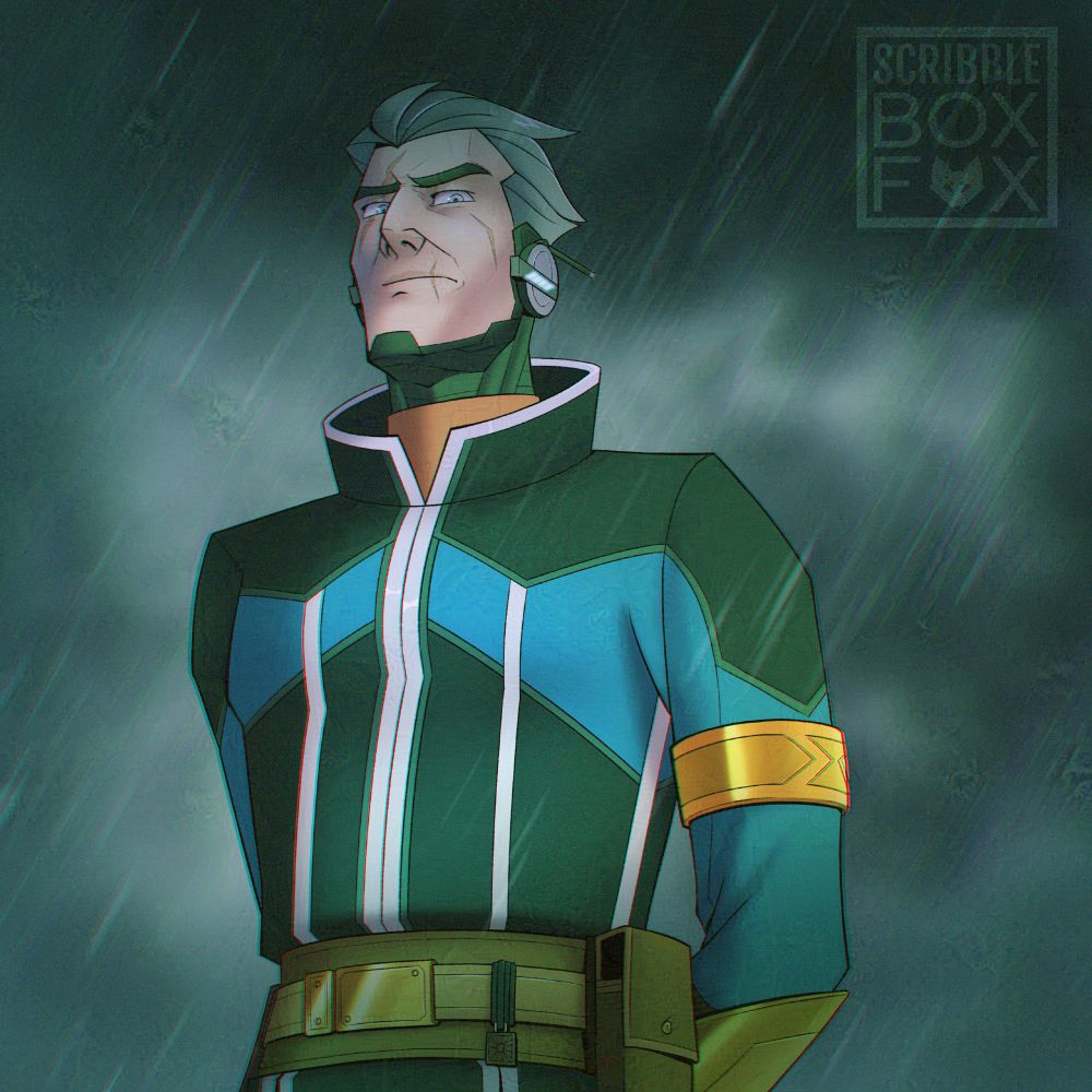 An image of my Destiny 2 Warlock OC, Striker. He is a white man with grey hair and cybernetic augments that climb up his neck and jaw. He has cybernetic ears with antenna on them. He is wearing blue robes with black accents, a brown belt with a pouch on the side, and a gold bond. The image is of him from the waist up with his arms behind his back looking down at the camera with a frown. There is a storm raging behind him and it is raining.