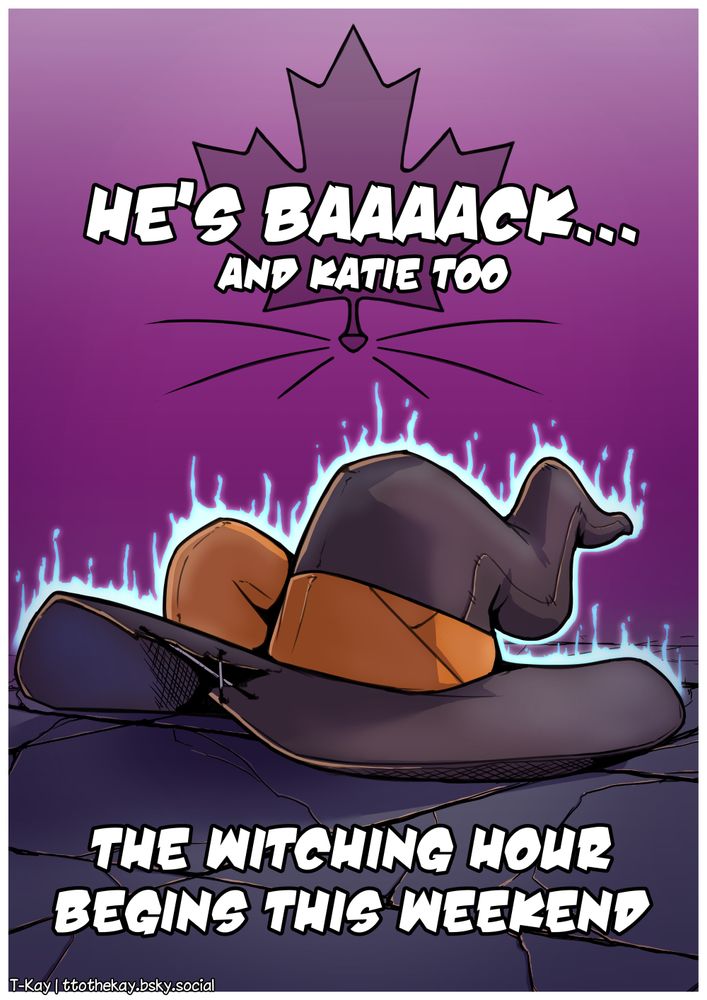 The preview page of 2021's Halloween comic, featuring Katie's witch hat and the words "He's Baaack... And Katie too", followed by "The witching hour begins this weekend".