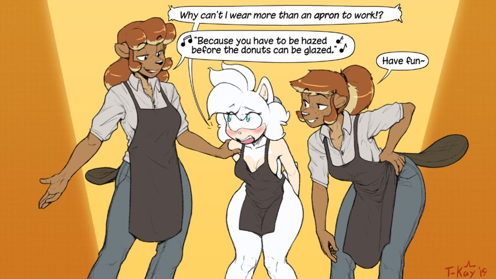 Cinn and Bunn playfully hazing Sophie, the new bakery hire, by having her wear an apron and nothing else during her shift.