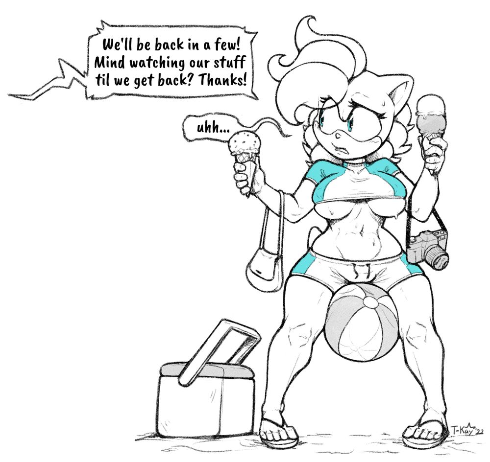 Argento's Sophie at the beach with her hands full with icecream, bags, and cameras, and a beach ball held between her legs, being asked if she can watch over all the stuff until other people return.
